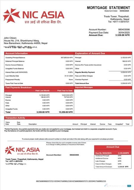 Download Nepal NIC Asia Bank mortgage statement Word and PDF template Photoshop template